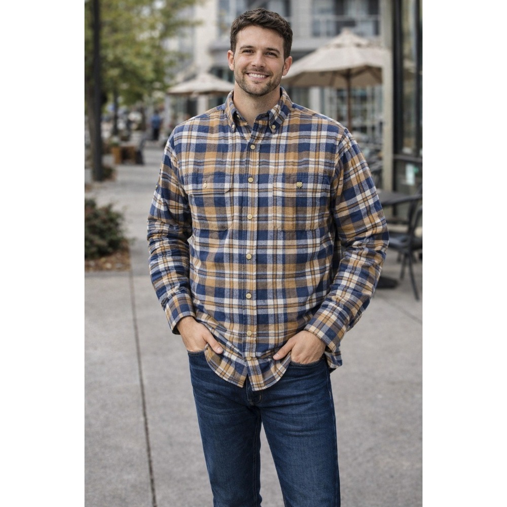 Beretta Mens Plaid Flannel Button Down Shirt Blue Tan Cotton Hunting Size Large